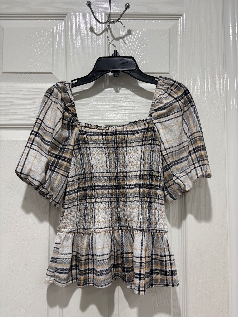 Plaid Smocked Peplum Top in Cream and Black